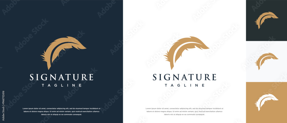 Vector feather signature logo design. Golden feather logo template. Vector feather signature logo design. Golden feather logo template.