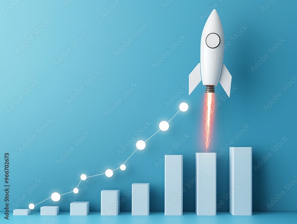 Rocket ascending with growth chart, symbol of business progress Rocket ascending with growth chart, symbol of business progress