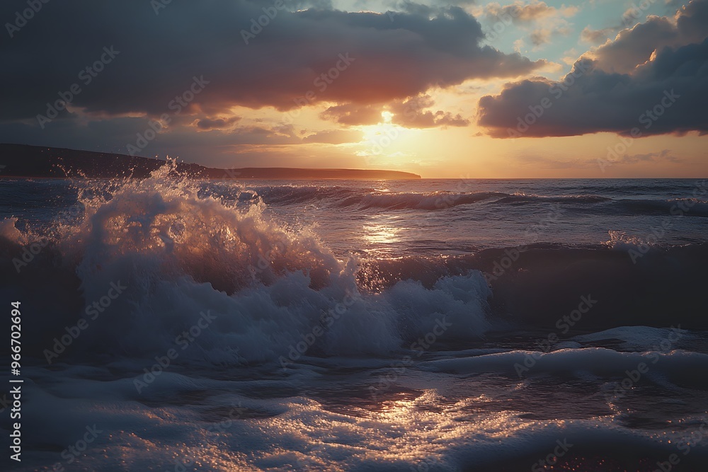 Fototapeta premium Sunset Over the Ocean with Breaking Waves