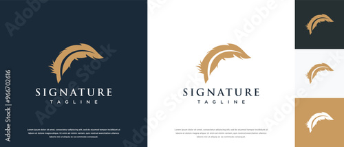 Vector feather signature logo design. Golden feather logo template.