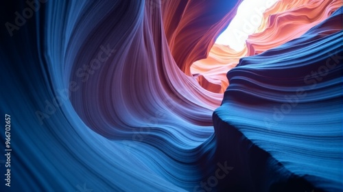 A blue and purple canyon with a bright light shining through it