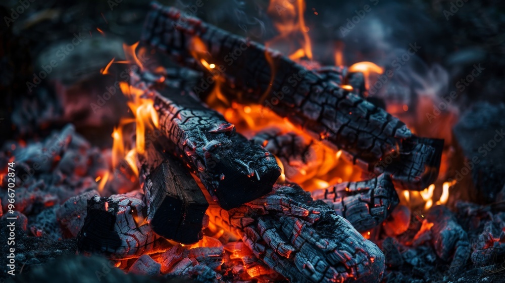 A campfire pit with glowing embers and burnt logs after a night of camping. A campfire pit with glowing embers and burnt logs after a night of camping.