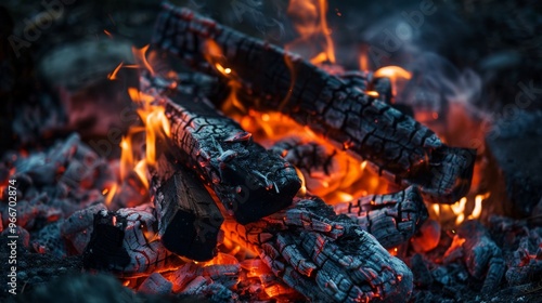 A campfire pit with glowing embers and burnt logs after a night of camping.