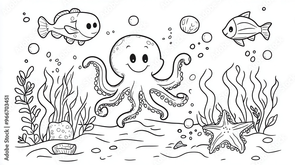 Fototapeta premium A friendly octopus interacts with colorful fish and sea life in a fun underwater scene designed for young children to color