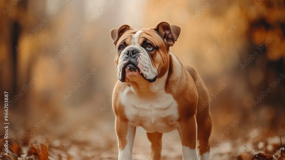 Bulldog standing on autumn path, warm colors. Pet photography and seasonal concept Bulldog standing on autumn path, warm colors. Pet photography and seasonal concept