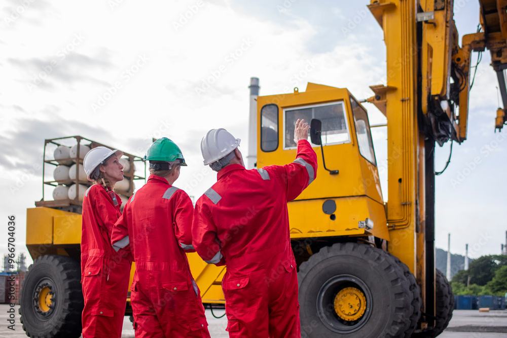Engineer or worker are standing forklift or truck vehicle are holding detail and appear to be discussing or reviewing documents, likely related to inspect about factory and industry environment. Engineer or worker are standing forklift or truck vehicle are holding detail and appear to be discussing or reviewing documents, likely related to inspect about factory and industry environment.