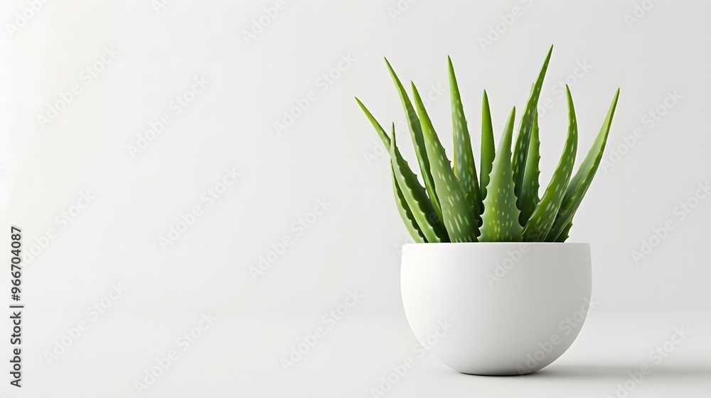 A potted green aloe vera plant in a simple white pot or vase isolated on a plain background A potted green aloe vera plant in a simple white pot or vase isolated on a plain background