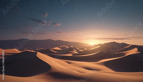 Tranquil desert twilight enveloping soft sand dunes under a starlit sky, creating a serene and otherworldly atmosphere at dusk.