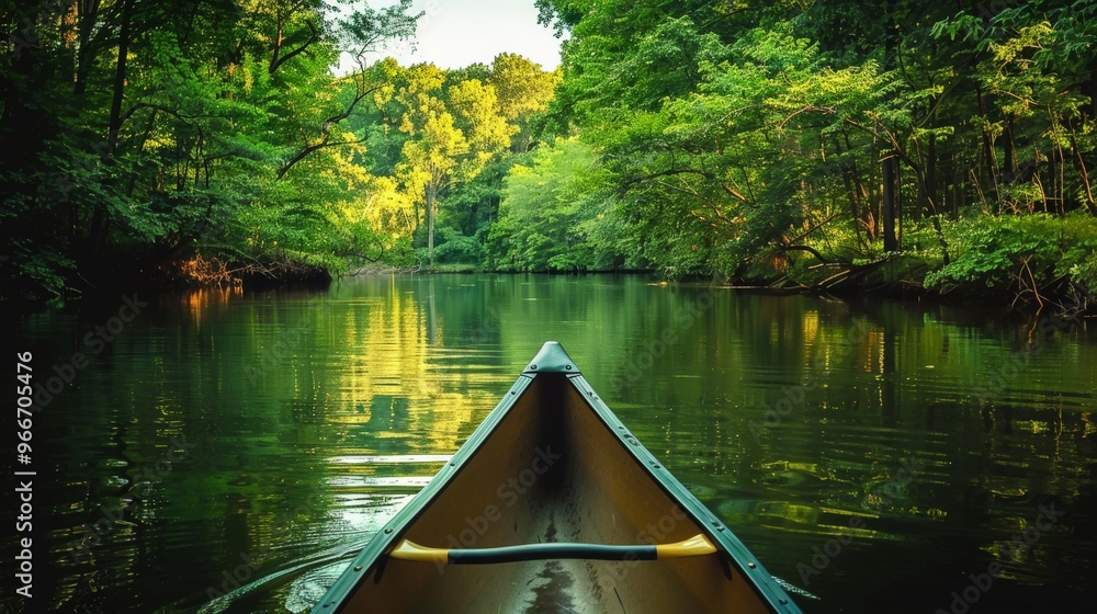 Fototapeta premium A canoe paddling through a calm river with lush green forest on both sides.