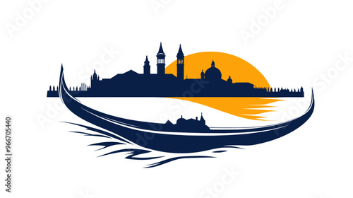 Silhouette of Venice city skyline with iconic gondola at sunset, featuring famous landmarks in a minimalist design