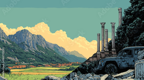 Old ruined car and ancient columns set against rugged mountains and open countryside in post-apocalyptic landscape illustration