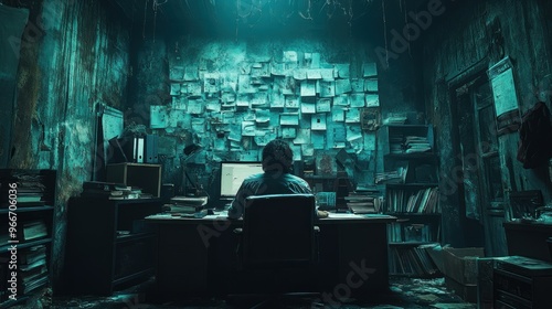 A Lone Figure Working in a Dark and Cluttered Office