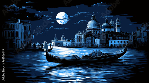 Night view of Venice cityscape with moonlit gondola floating on water, featuring historic architecture under a full moon