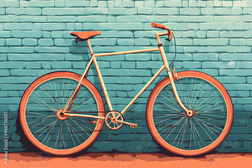 A minimalist bicycle leaning against a textured blue brick wall.