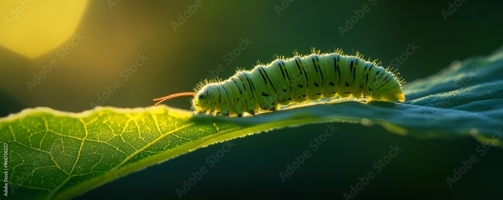 Caterpillar on a leaf at sunrise, macro photography. Nature and wildlife concept Caterpillar on a leaf at sunrise, macro photography. Nature and wildlife concept