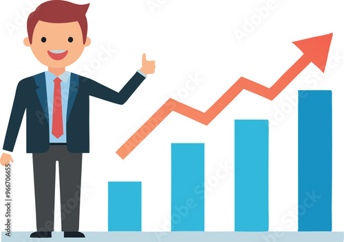 A man in a suit is standing next to a graph with a red arrow pointing upwards. The graph shows a positive trend, and the man is smiling, indicating that he is happy about the progress