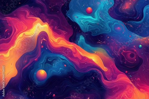 Abstract Cosmic Landscape with Vibrant Swirls and Planets