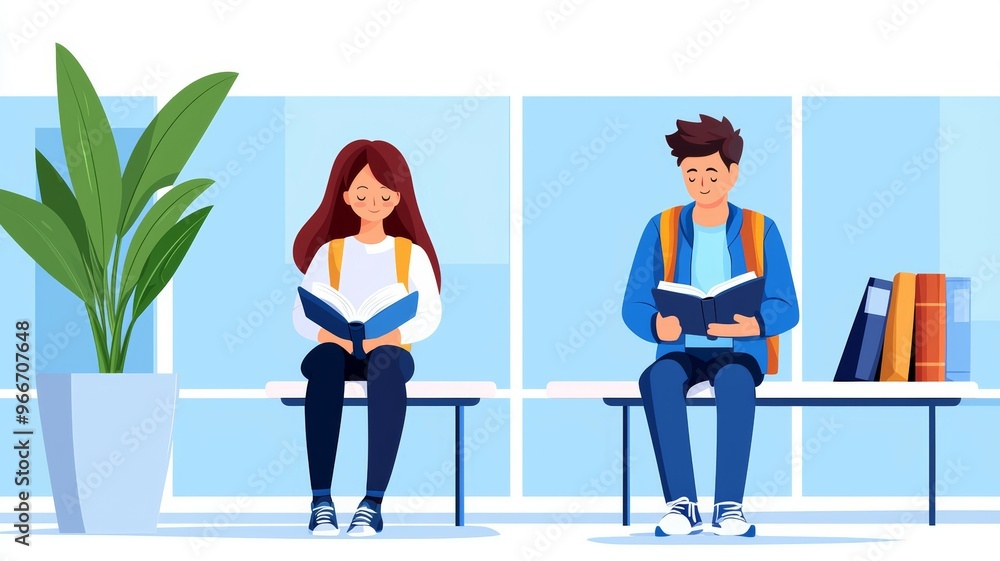 Two people sitting on a bench reading books Two people sitting on a bench reading books