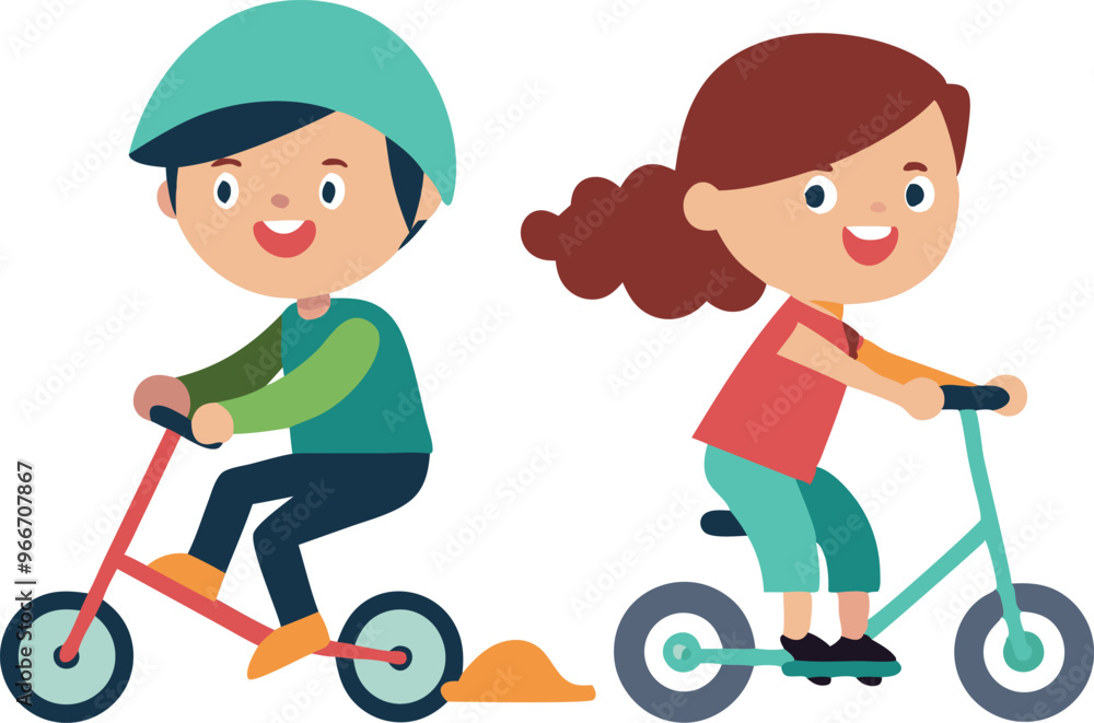 Two children are riding bikes, one is smiling and the other is not. The girl is wearing a red shirt Two children are riding bikes, one is smiling and the other is not. The girl is wearing a red shirt