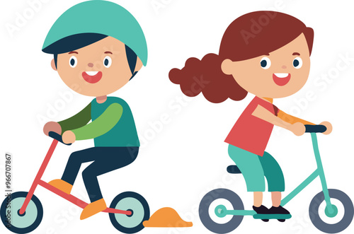 Two children are riding bikes, one is smiling and the other is not. The girl is wearing a red shirt