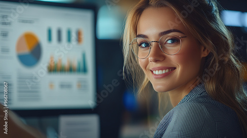 A close-up shot of an attractive female business professional smiling while looking at financial charts on her computer screen