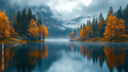 Autumnal Reflections in a Misty Mountain Lake