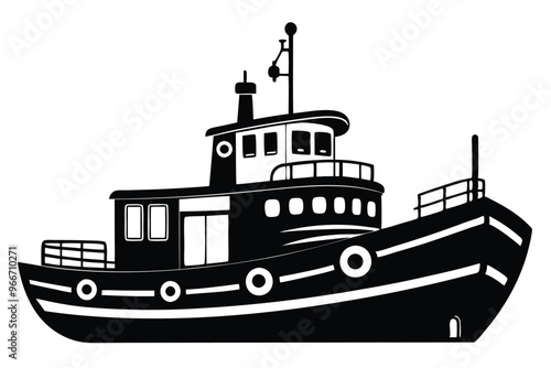 Tugboat silhouette illustration on black and white