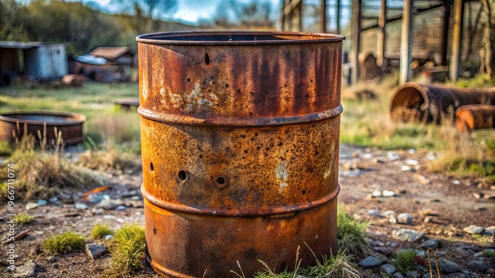 Rusty metal barrel with dents and holes in abandoned lot Rusty metal barrel with dents and holes in abandoned lot