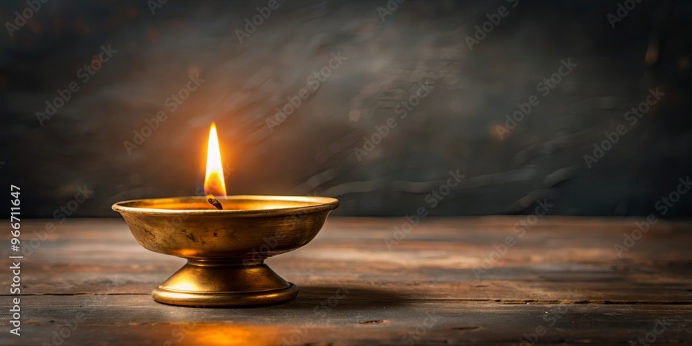 Warm and cozy atmosphere created by a lit oil lamp in a brass bowl against a dark background Warm and cozy atmosphere created by a lit oil lamp in a brass bowl against a dark background