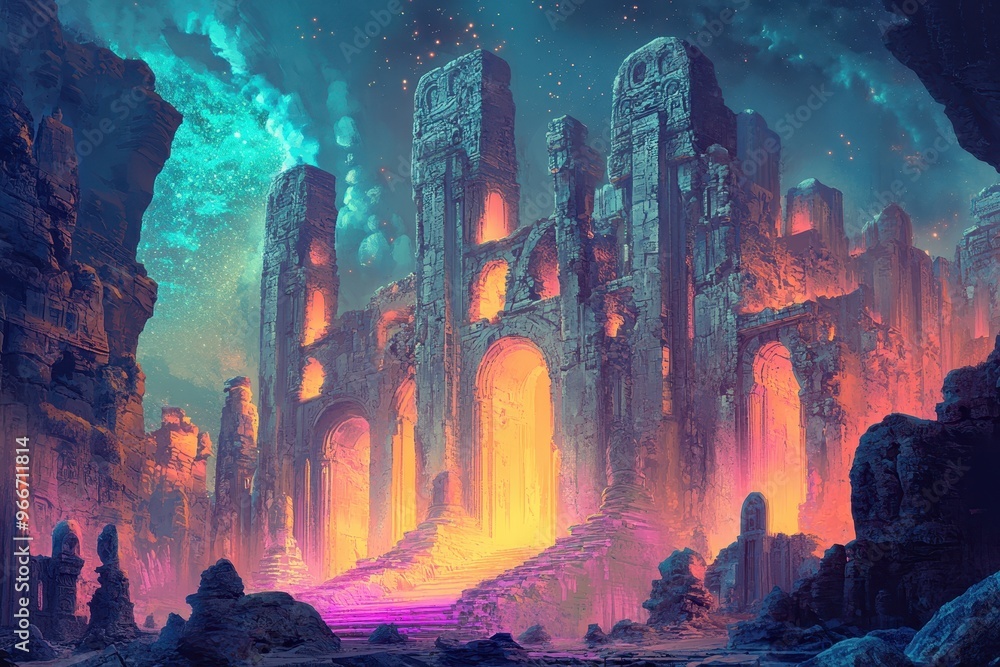 Ancient Stone Ruins Glowing with Fiery Light Under a Starry Night Sky Ancient Stone Ruins Glowing with Fiery Light Under a Starry Night Sky
