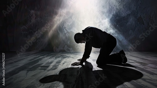 Man in shadow on down on his knees begging for forgiveness from a Godly light opening from the darkness. state of mind, or actor acting in a play, movie with a spotlight on him. 16:9