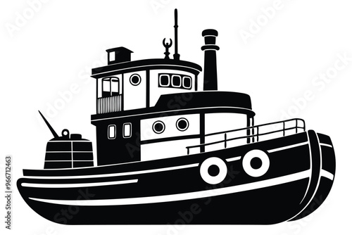 Tugboat silhouette illustration on black and white