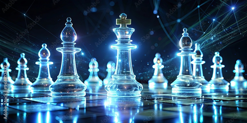 A futuristic floating hologram of chess pieces against a dark background A futuristic floating hologram of chess pieces against a dark background