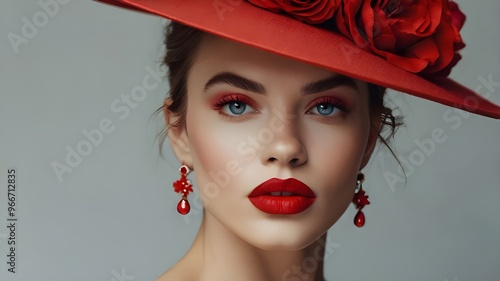 Portrait of beautiful woman in vivid red hat adorned with floral details, with red lips. Elegant sport fan