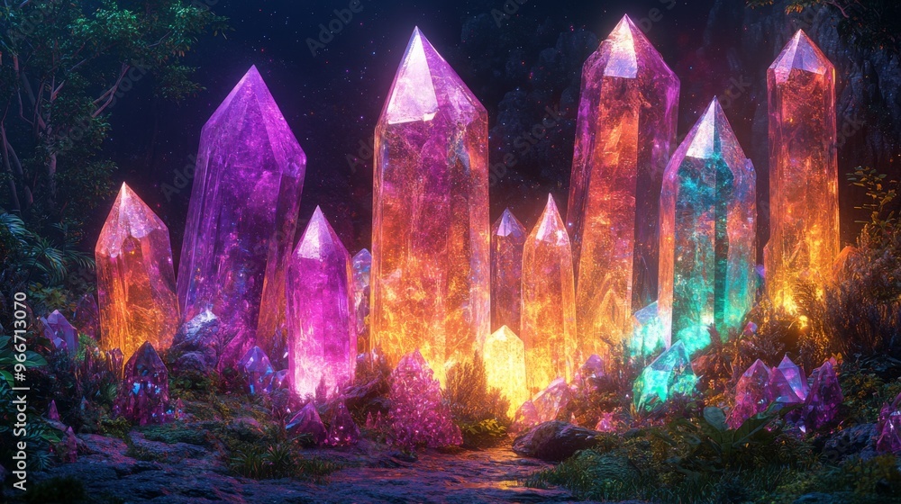 Glowing Crystal Forest with a Starry Night Sky Glowing Crystal Forest with a Starry Night Sky