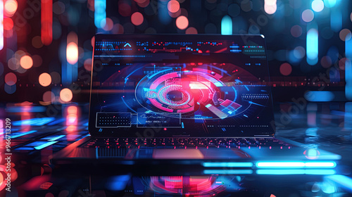 Laptop with glowing business interface and digital hologram on blurry background. 3D rendering. Automation Software Technology Process System Business.