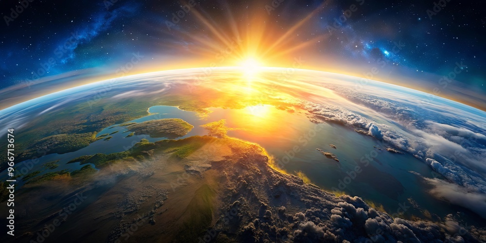 Breathtaking aerial view of Earth from space at sunrise, showcasing natural beauty and serenity Breathtaking aerial view of Earth from space at sunrise, showcasing natural beauty and serenity