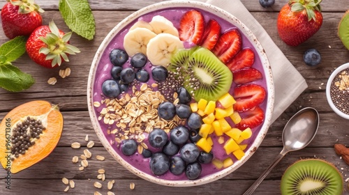 Colorful smoothie bowl topped with fresh fruits, chia seeds, and granola, vibrant and healthy breakfast option