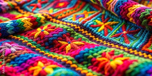 Close up of vibrant knitted fabric with intricate patterns and colorful threads