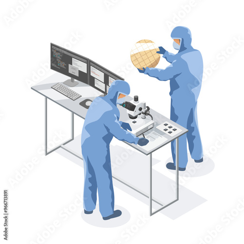 semiconductor industry factory engineer use microscope to inspecting microchip on research and development concept isometric isolated illustration