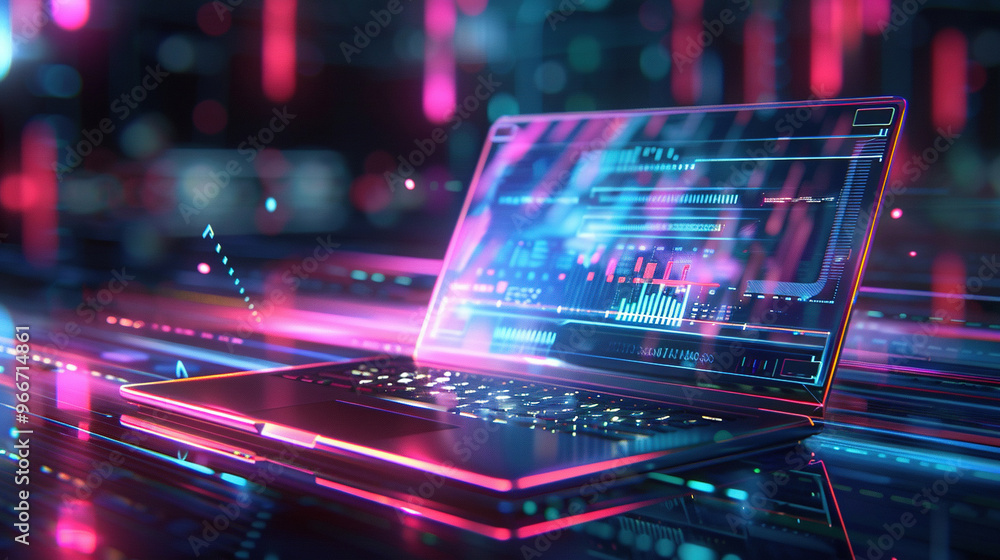 Laptop with glowing business interface and digital hologram on blurry background. 3D rendering. Automation Software Technology Process System Business.