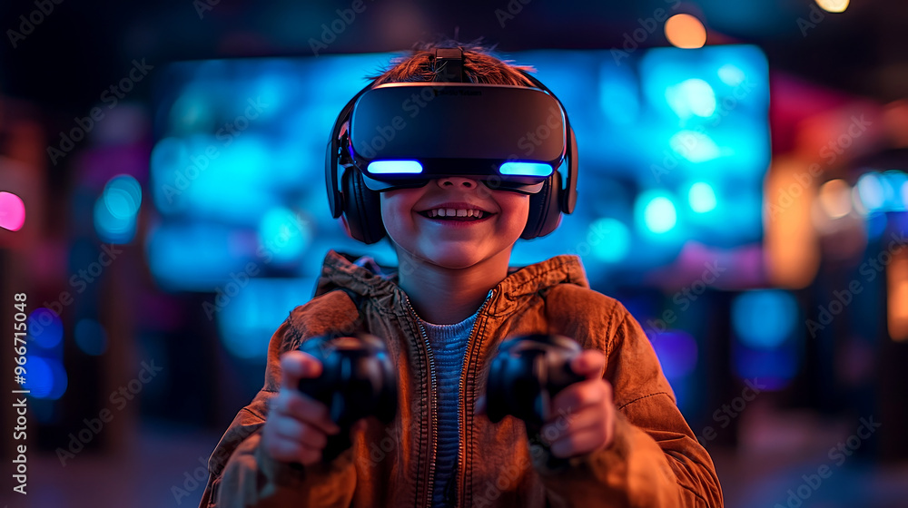 Young gamer navigates virtual reality: child plays with VR headset and motion controllers Young gamer navigates virtual reality: child plays with VR headset and motion controllers