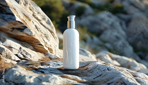 Elegant white bottles on rugged rocks illuminated by gentle natural light, embodying purity and sophisticated luxury.