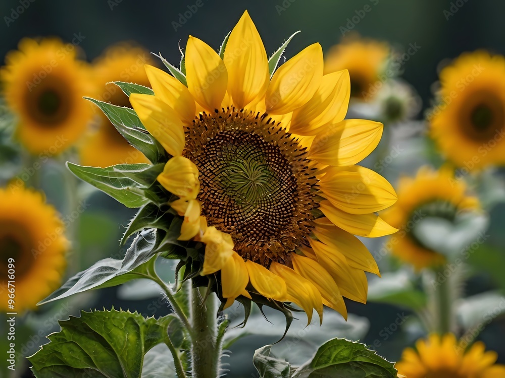 Naklejka premium beautiful sunflowers in close up shot during a clear day