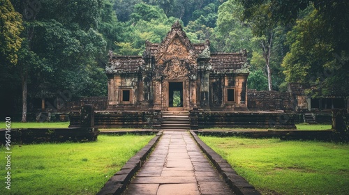 Ancient Asian temple surrounded by lush greenery