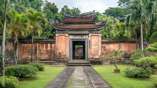 Ancient Asian temple surrounded by lush greenery