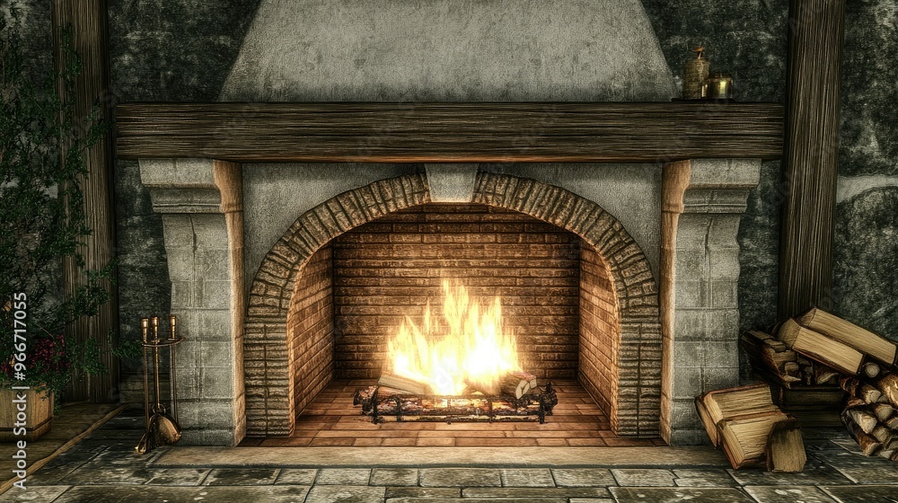 Cozy fireplace with crackling flames Cozy fireplace with crackling flames