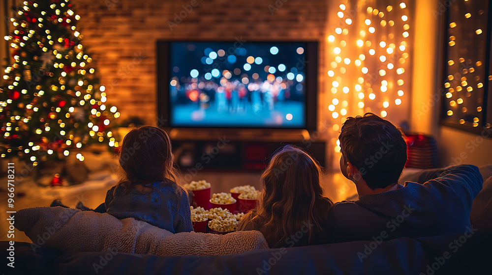 A family is watching a Christmas movie on a television in a cozy living room A family is watching a Christmas movie on a television in a cozy living room