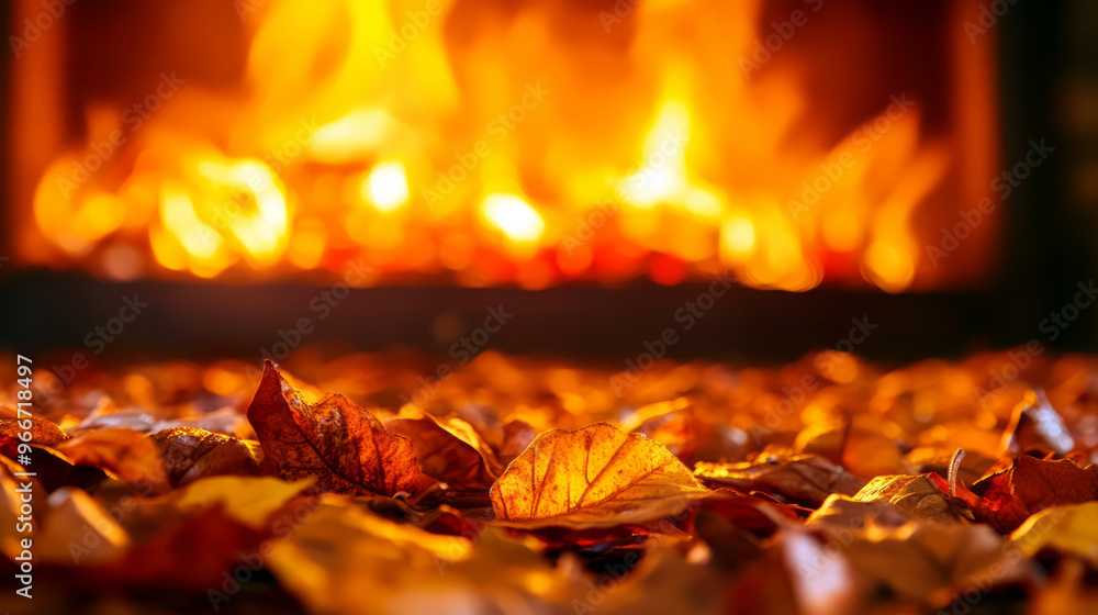 Warm Autumn Leaves Illuminated By A Fireplace. Warm Autumn Leaves Illuminated By A Fireplace.