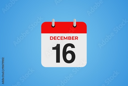 Icon calendar day. 16 December. 16th days of the month, illustration style. Date day of week Sunday, Monday, Tuesday, Wednesday, Thursday, Friday, Saturday. photo